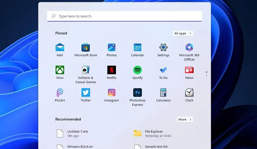 منوی استارت ویندوز 11