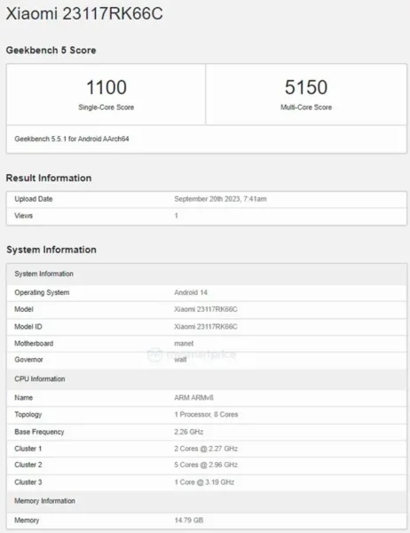 ردمی K70 پرو در Geekbench