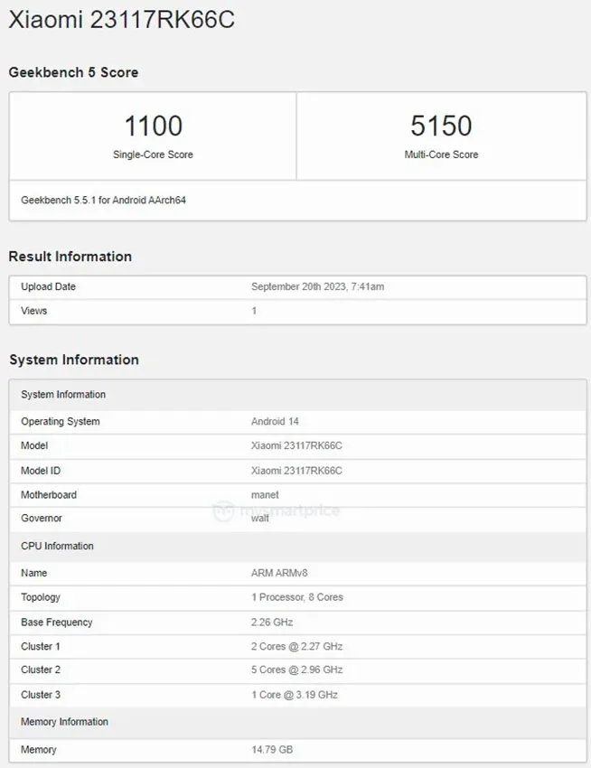 ردمی K70 پرو در Geekbench