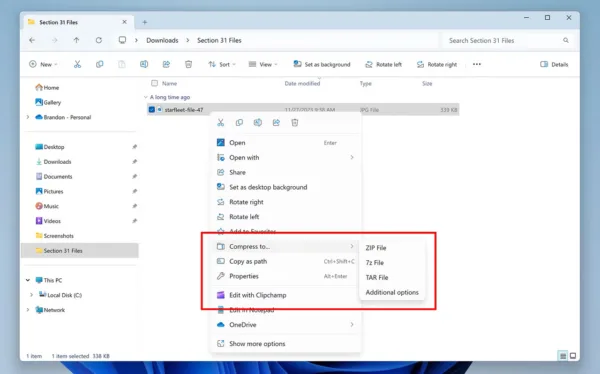 ساخت فایلهای فشرده 7-Zip و TAR در ویندوز 11