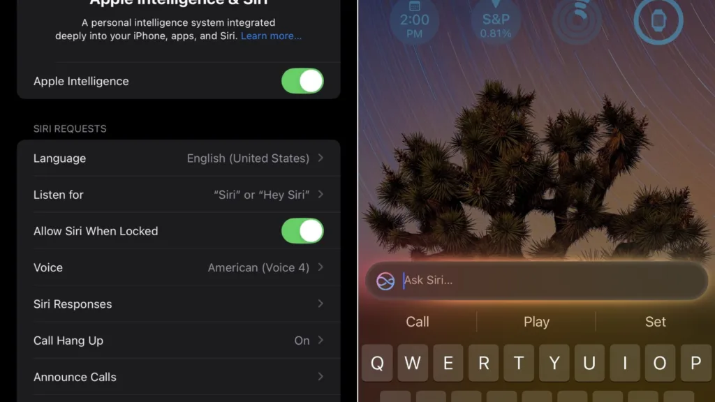 صفحه ثبت‌نام Apple Intelligence و رابط کاربری متن به Siri
