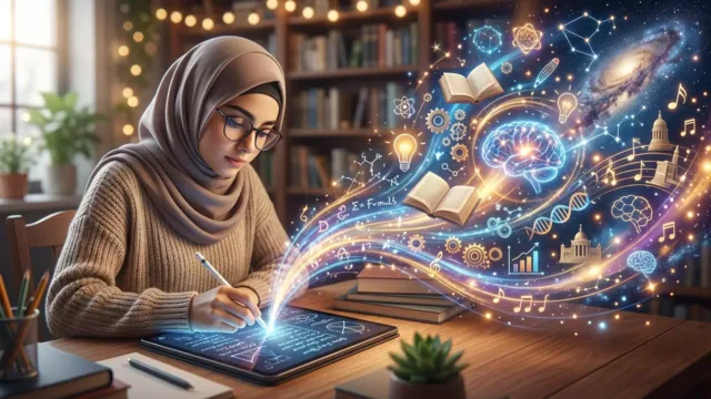 شخصی در حال یادداشت‌برداری روی تبلت با استفاده از قلم دیجیتال در محیطی مطالعه‌محور