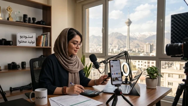 تصویر مفهومی از یک بلاگر در حال تولید محتوا در کنار نمادهای مالیاتی و برگه‌های محاسبه مالیات بر درآمد در فضای مجازی