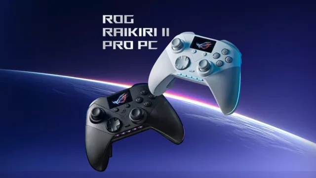 نمای نزدیک از کنترلر بی‌سیم ایسوس ROG Raikiri II Pro با طراحی گیمینگ و نورپردازی RGB در پس‌زمینه تاریک