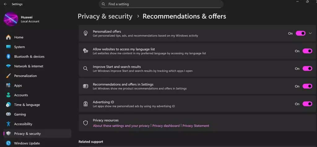 تنظیمات ویندوز 11