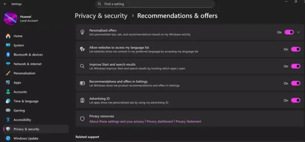 تنظیمات ویندوز 11