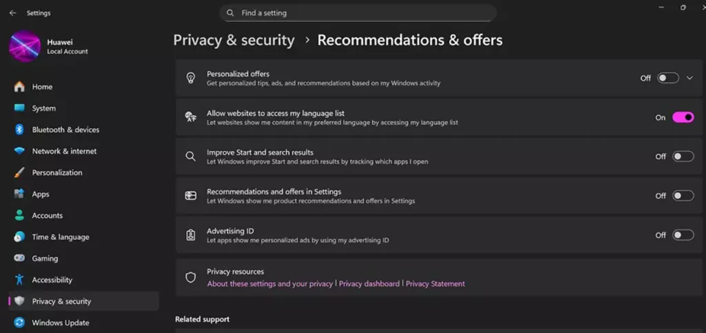 تنظیمات ویندوز 11