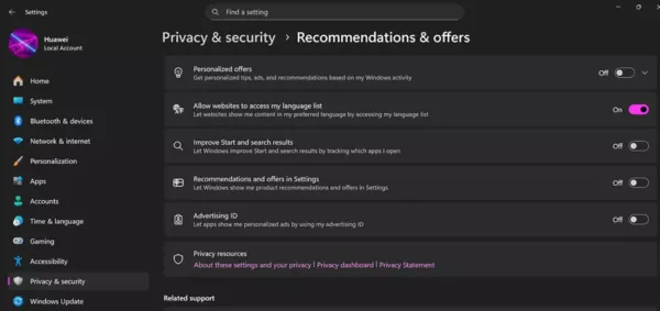 تنظیمات ویندوز 11