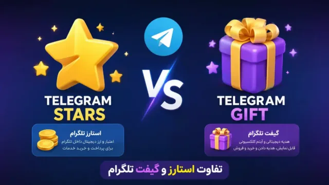 تصویر گرافیکی با آیکون‌های Telegram Stars و Star Gifts برای مقایسه تفاوت‌های این دو قابلیت در تلگرام