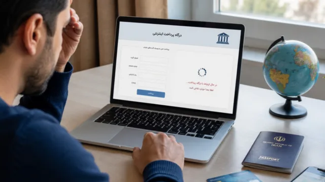نمای گرافیکی از کارت بانکی در حال اتصال به درگاه پرداخت اینترنتی با پیام خطا برای کاربر خارج از ایران