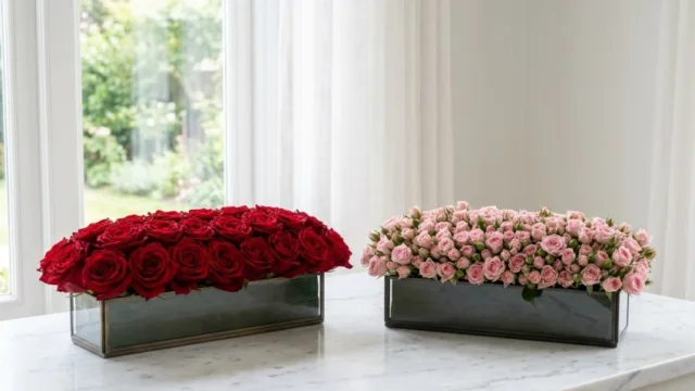 مقایسه کنار هم گل رز هلندی با غنچه‌های بزرگ و تک‌شاخه در برابر رز مینیاتوری با گل‌های کوچک و خوشه‌ای