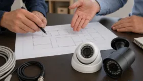تصویر دوربین مداربسته مدرن نصب‌شده در نمای بیرونی ساختمان برای نظارت و تأمین امنیت هوشمند خانه