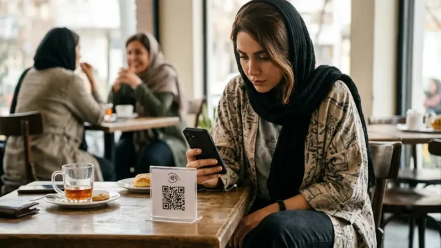 تصویر مشتری در حال اسکن کد QR روی میز رستوران برای مشاهده منوی دیجیتال در گوشی هوشمند خود