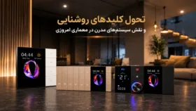 نمای نزدیک از یک کلید هوشمند و مدرن روشنایی با طراحی مینیمال در یک فضای داخلی معماری شده