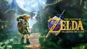 نمای گرافیکی از لینک، قهرمان بازی زلدا، در کنار لوگوی بازسازی Ocarina of Time برای کنسول نینتندو سوییچ ۲