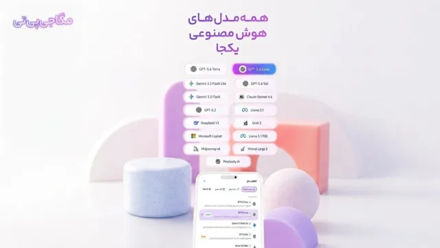 نمای گرافیکی از نمادهای هوش مصنوعی و اتصال آن‌ها به یکدیگر در فضای دیجیتال با محوریت تسهیل دسترسی کاربران ایرانی