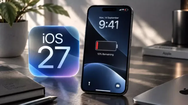 آیفون با هشدار باتری کم در کنار نماد به‌روزرسانی iOS آیفون با هشدار باتری کم در کنار نماد به‌روزرسانی iOS