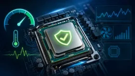 نمای نزدیک پردازنده روی مادربرد با نمایش ابزارهای بررسی دما و عملکرد CPU نمای نزدیک پردازنده روی مادربرد با نمایش ابزارهای بررسی دما و عملکرد CPU