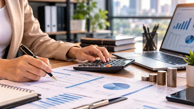 حسابدار در حال تحلیل گزارش‌های مالی با لپ‌تاپ، اکسل و ماشین‌حساب روی میز کار حسابدار در حال تحلیل گزارش‌های مالی با لپ‌تاپ، اکسل و ماشین‌حساب روی میز کار