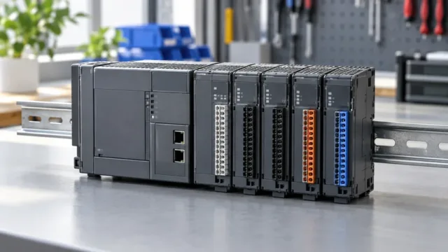 نمای نزدیک PLC صنعتی در تابلو برق اتوماسیون با دست تکنسین در حال تنظیم کنترلر نمای نزدیک PLC صنعتی در تابلو برق اتوماسیون با دست تکنسین در حال تنظیم کنترلر