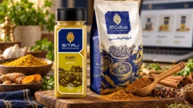 نمایی از زردچوبه و ادویه‌های رنگارنگ در کنار بسته‌بندی خرید آنلاین و گوشی هوشمند نمایی از زردچوبه و ادویه‌های رنگارنگ در کنار بسته‌بندی خرید آنلاین و گوشی هوشمن