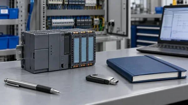 کنترلر Plc کنار حافظه Usb و دفتر مستندات فنی