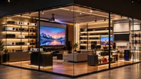 نمایی از ویدئو پروژکتور، نمایشگر و تجهیزات صوتی در فضای مدرن فروشگاهی فناوریت نمایی از ویدئو پروژکتور، نمایشگر و تجهیزات صوتی در فضای مدرن فروشگاهی فناوریت
